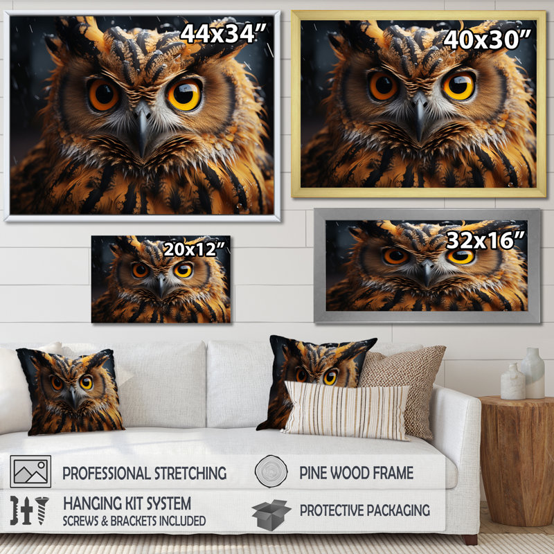 «Yellow Owl Wise Portrait IV», reproduction sur toile, H 12 po x l 20 po x P 1 po, Cadre flottant doré
