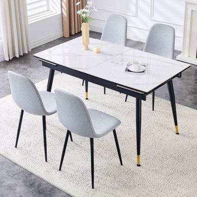 55'' - 79'' Extendable Sintered Stone Dining Table Set with Hidden Extension Leaf and Metal Legs