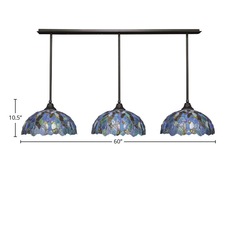 3 Light Stem Hung Linear Pendalier Shown With 16" Blue Mosaic Art Glass, Dark Granite