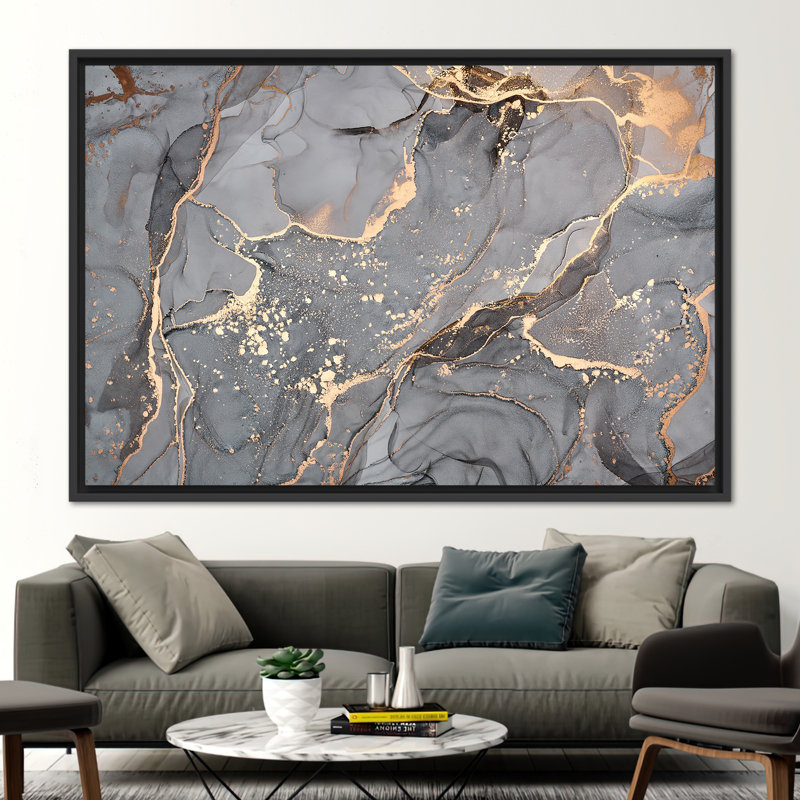 Art moderne abstrait sur toile - Affiche de luxe à l'encre et à l'encre or et gris, H 41 po x l 94 po, Cadre flottant noir