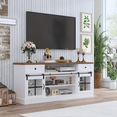 Meuble télé Farmhouse pour téléviseur de 75 po, console média avec 2 tiroirs, prises de courant, portes de grange, centre de divertissement avec tablettes réglables pour la maison et le bureau, l 66 po