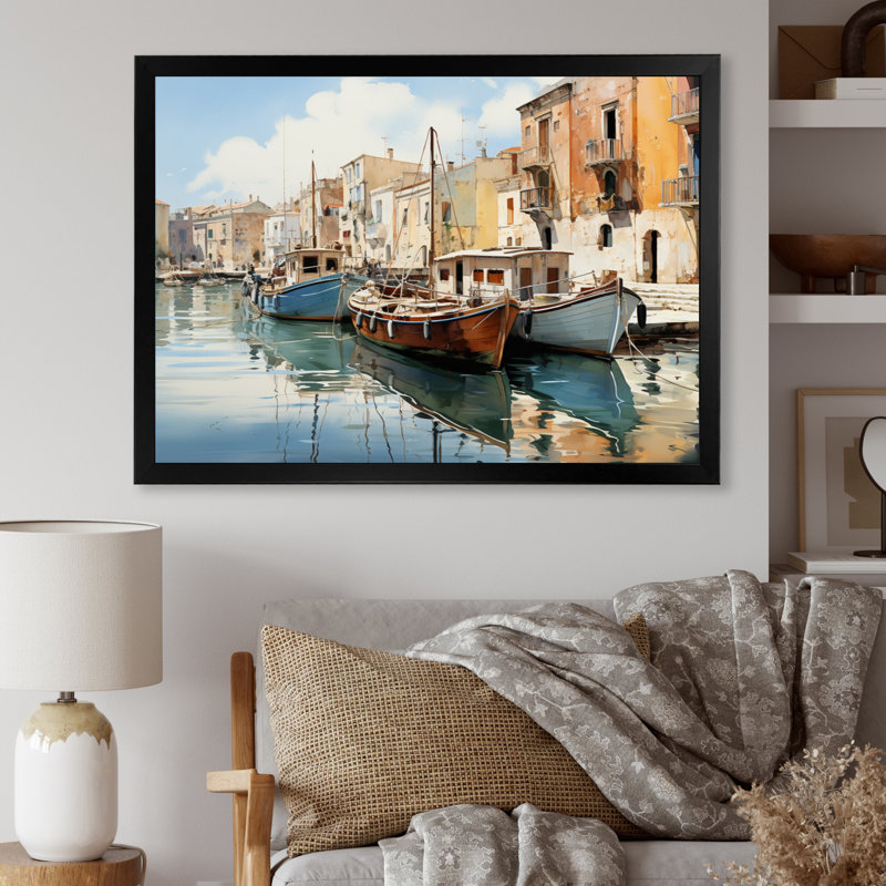 " Greece Venetian Charms " Mixed Media Print, H 30 po x l 40 po, Cadre simple noir