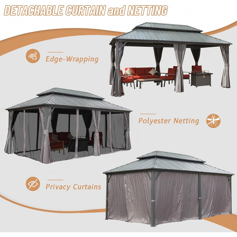 Hardtop Gazebo, Aluminum Metal Gazebo With Galvanized Steel Double Roof Canopy, Curtain And Netting, Permanent Gazebo Pavilion For Patio, Backyard, Deck