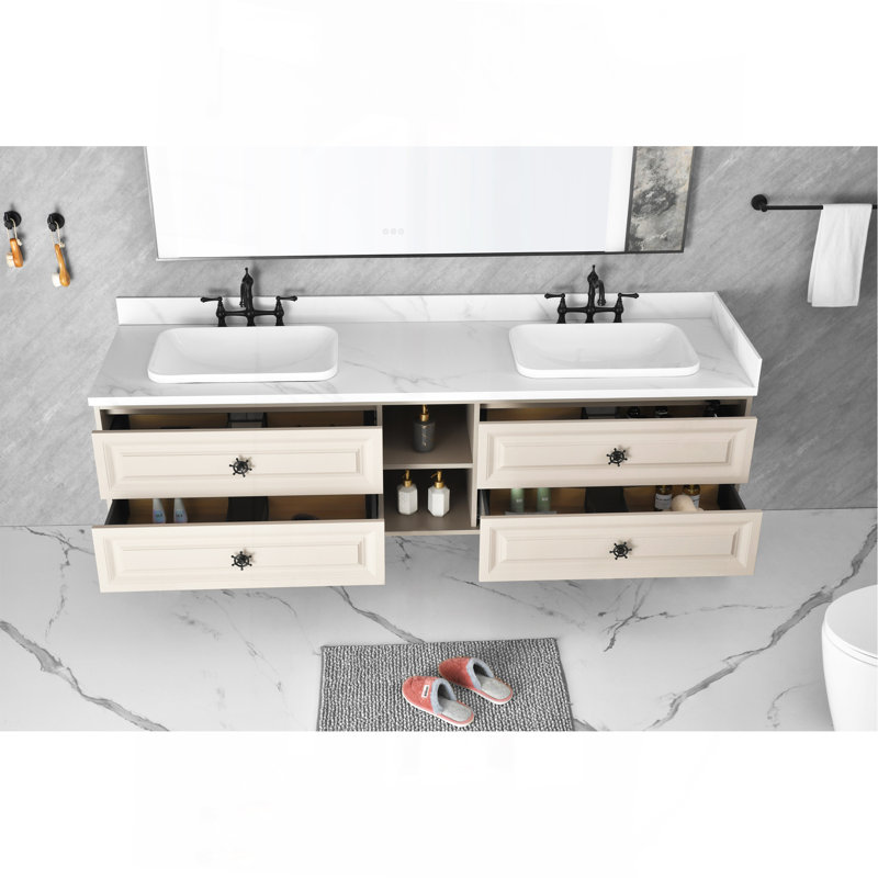 Le meuble-lavabo mural de 84 po convient aux lavabos doubles, armoire seulement (comptoir et lavabos non inclus)