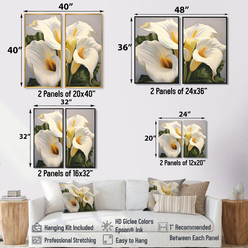 Sérénade lys blanc blanc - art mural blanc 2 panneaux, 36" H x 48" W, Impression encadrée flottante, Black