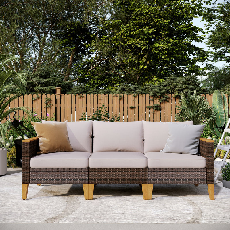 199.1 cm W L-Shaped Wicker Patio Sofa with Cushions, Beige