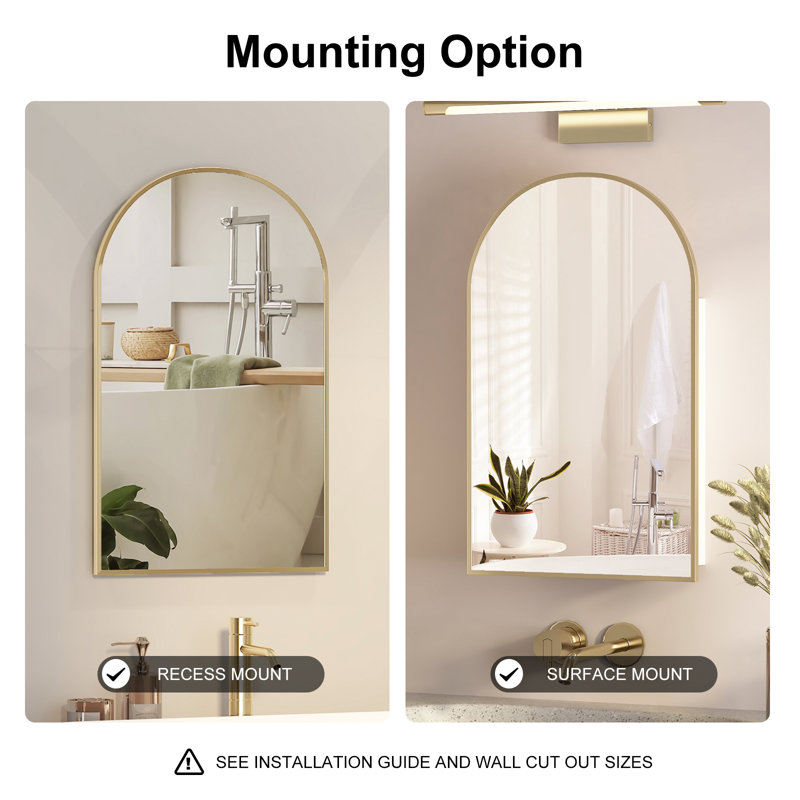 16.5" X 26.7" Arched Bathroom Medicine Cabinet With Mirror & Shelves,Right Open,Recessed, 26.8" H x 16.5" W x 4.5" D