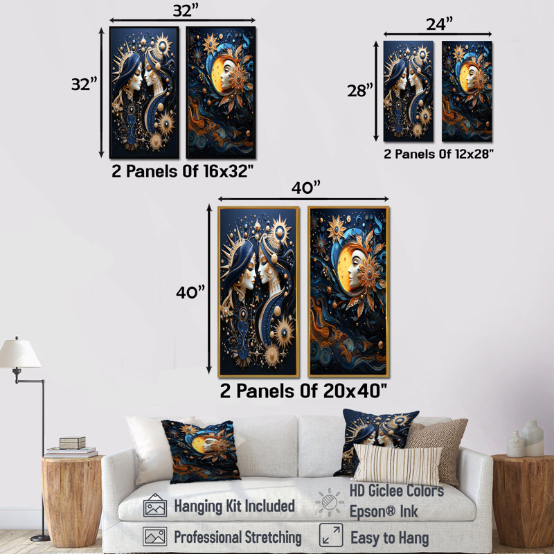 «Native Art Celestial Guardians Midnight», ensemble de 2 reproductions de toiles abstraites sur toile, Cadre blanc