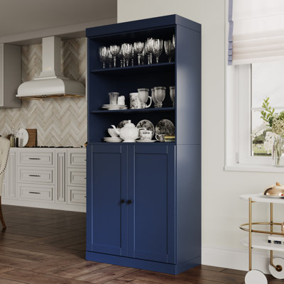 Armoire de cuisine 100% en bois massif, grand rangement modulaire autoportant avec tablettes ouvertes et portes Shaker, tablettes réglables, l 32 po x H 71,5 po