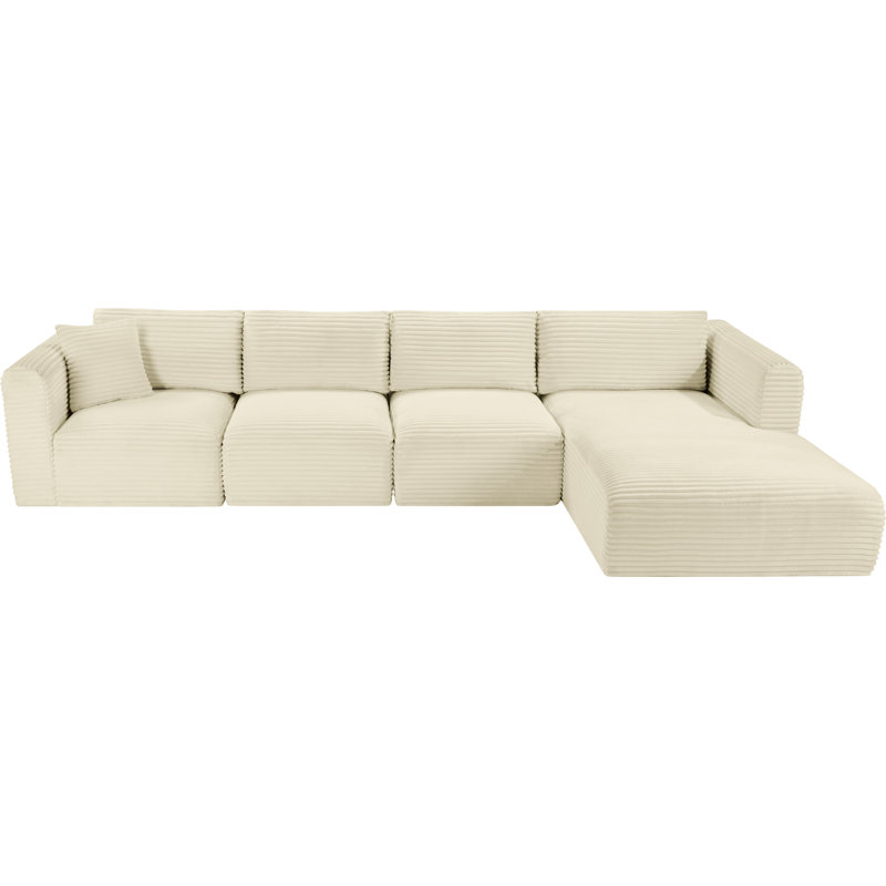 Canapé modulaire en L Carmean Performance, Velours côtelé texturé crème, 2 accoudoirs, 1 méridienne, 1 coin