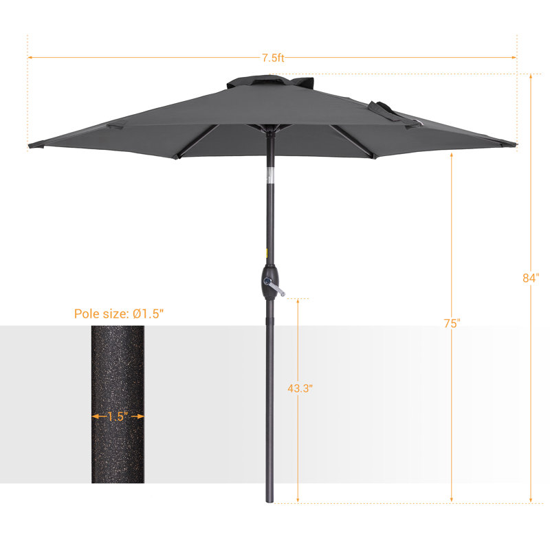 Parasol de marché d'extérieur de 7,5 pi avec bouton-poussoir inclinable Kahoka, Gris anthracite