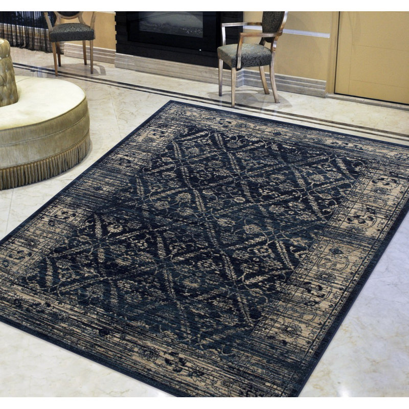 Tapis oriental bleu marine Abbotts, Rectangle 5 pi x 7 pi