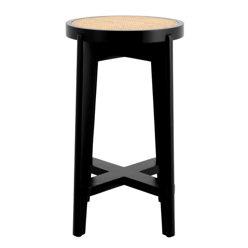 Black Solid Wood Counter Stool with Rattan Cane Seat