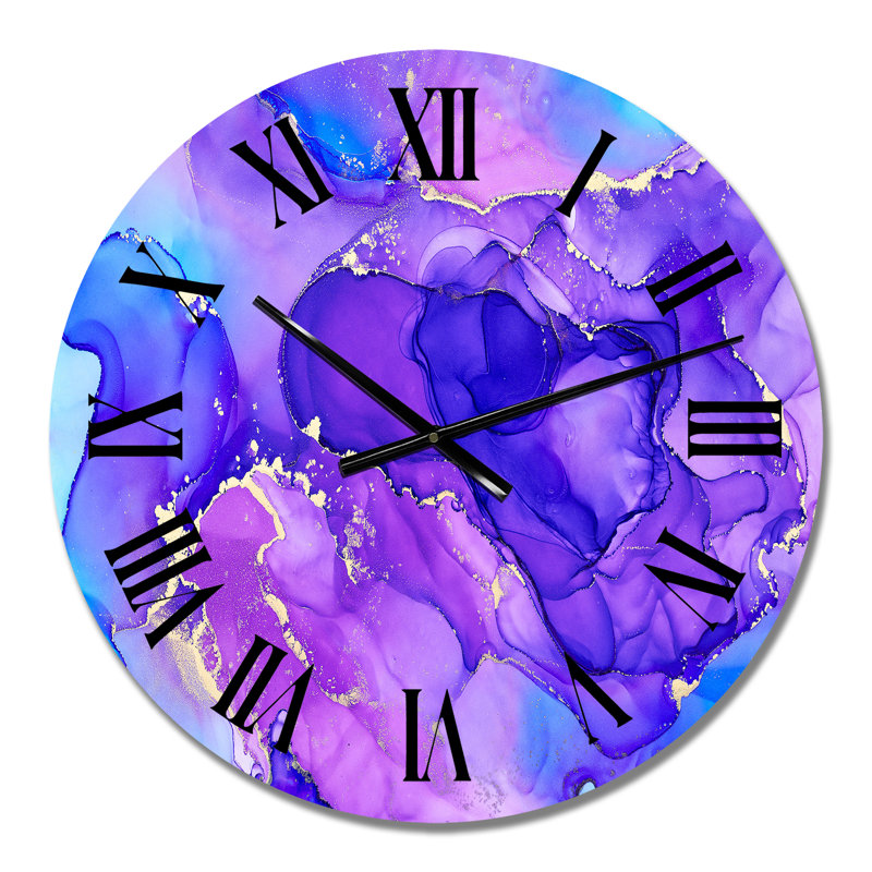 Bleu et mauve, luxe, art abstrait fluide - horloge murale moderne, Petit