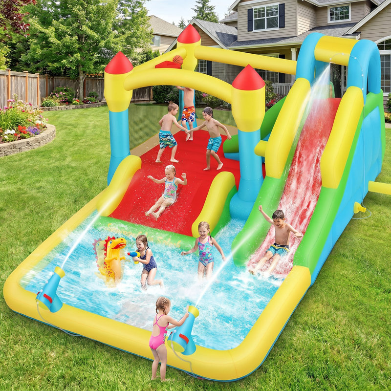 15.6' X 11' Giant Inflatable Water Slide Bounce House With Air Blower, Pool, Sprayers For Backyard Play
