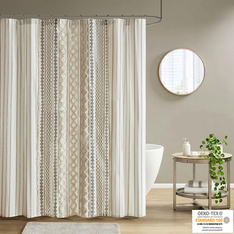 Cotton Printed Shower Curtain With Chenille, Ivory