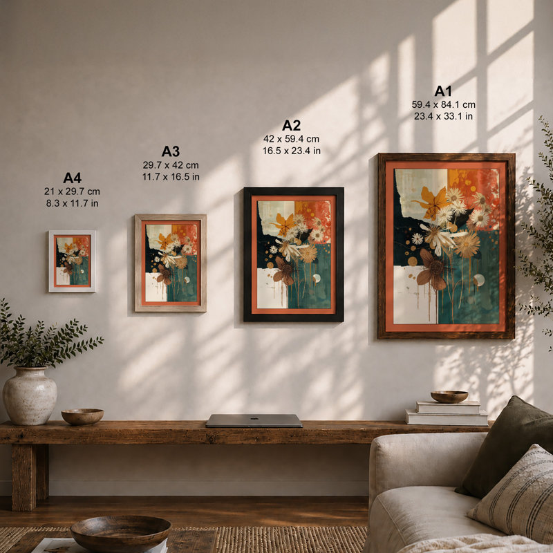 Geometric Bloom Arrangement Mid-Century - Framed Print, A2 - 59.4 x 42.0 cm, Walnut