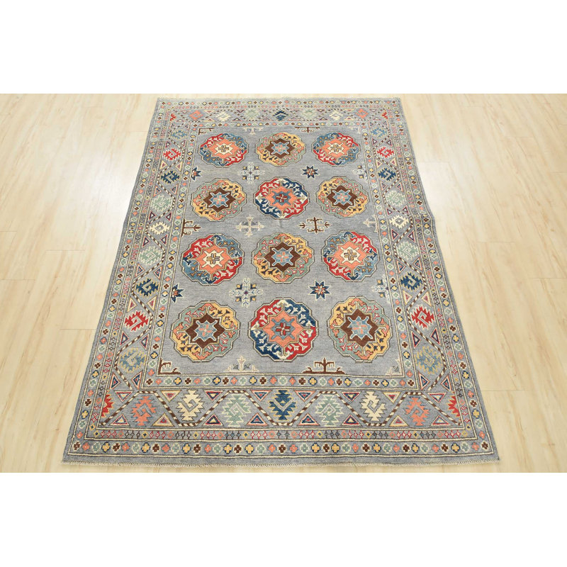 Tapis gris en laine noué à la main de conception unique 5 pi x 6 pi 8 po