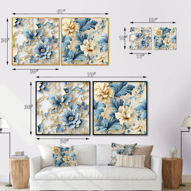 Felicien - Ensemble de 2 collages floraux carrés, H 16 po x l 33 po, Cadre flottant blanc