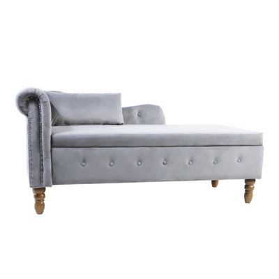 Chaise de rangement en velours gris pour chambre à coucher - accoudoirs roulés, chaise longue en bois velours doux, structure avec coussin