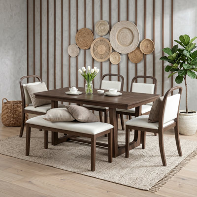 6-Piece Farmhouse Dining Table Set with Upholstered Chairs and Bench, Rectangular Kitchen Table Set for 6