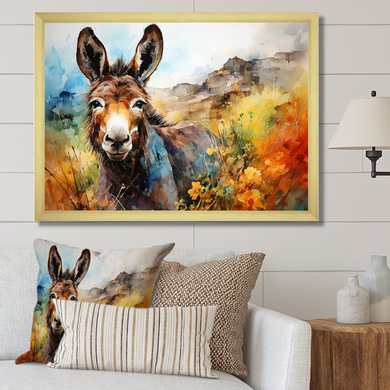 Patchwork Donkey Pastures I - Donkey, art mural, Cadre d'angle fermé doré, H 20 po x l 12 po x P 1 po