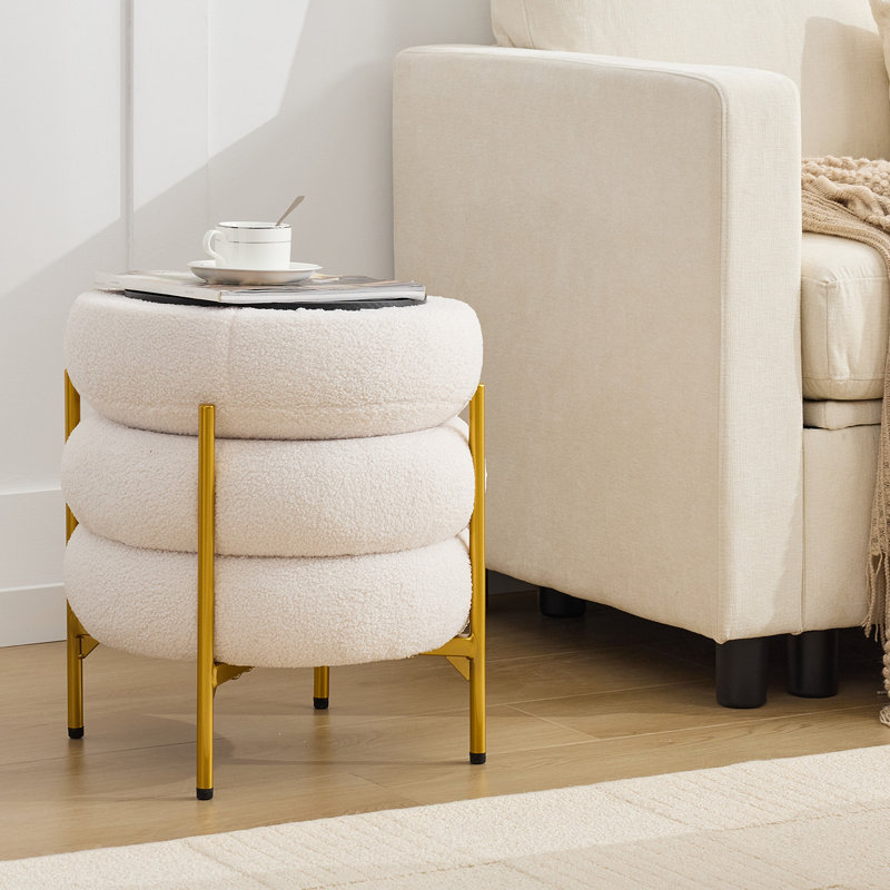 Round Storage Ottoman Multiuse Vanity Stool With Metal Legs, Beige Polyester