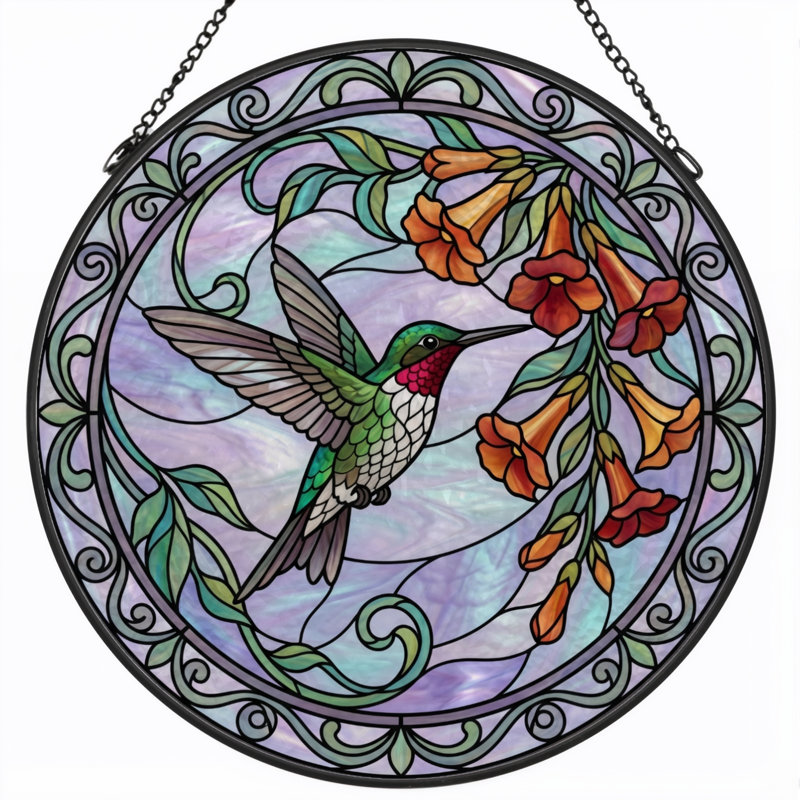 Panneau de vitrail à motif floral Colibri ， H 12 po, 12"H