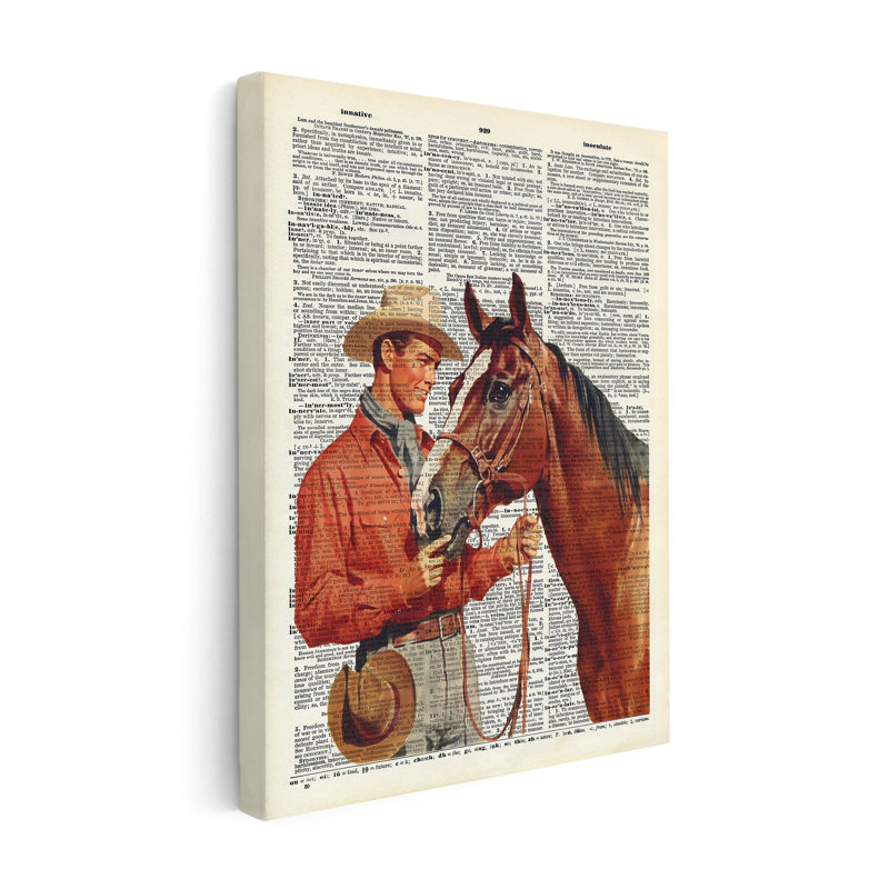 Cowboy et cheval, 12"H x 16"W, Canvas, White Framed