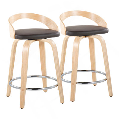 Grotto 24" Contemporary Fixed-Height Counter Stool With Swivel In Natural Wood And Brown Faux Leather With Round Chrome Metal Footrest By Lumisource - Set Of 2