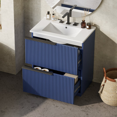 Meuble-lavabo 30 po avec lavabo en céramique et tiroirs pleine extension, conception cannelée