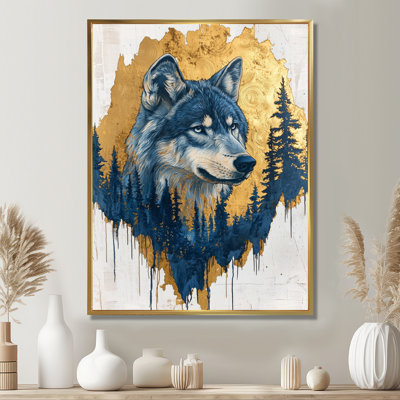 Graice loup doré dans un paysage de forêt bleue I - loup, impressions sur toile