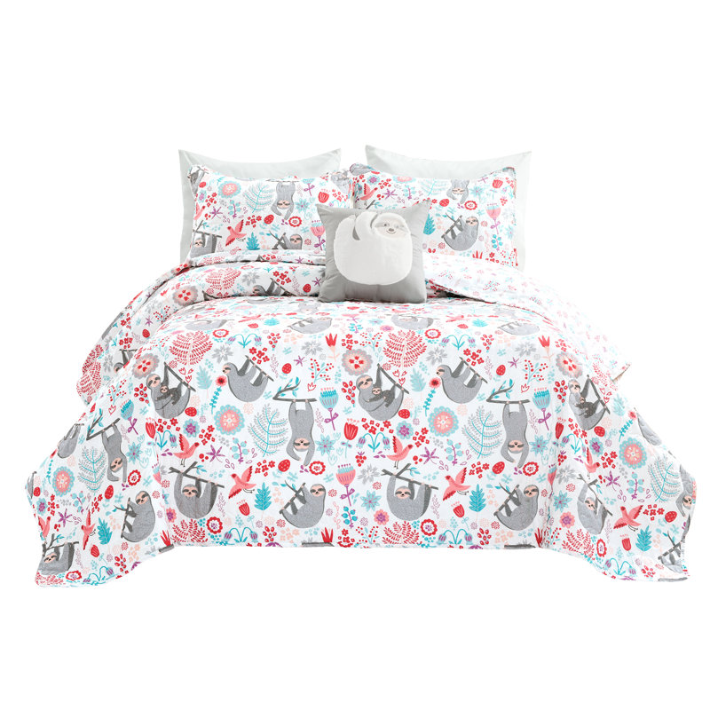 Ensemble de courtepointe réversible en microfibre Hygge Sloth, Courtepointe simple + 1 taie décorative standard, Blanc