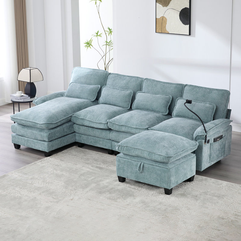 Canapé modulaire en forme de U de 106 po avec méridienne, repose-pieds et coussins, Chenille bleu menthe