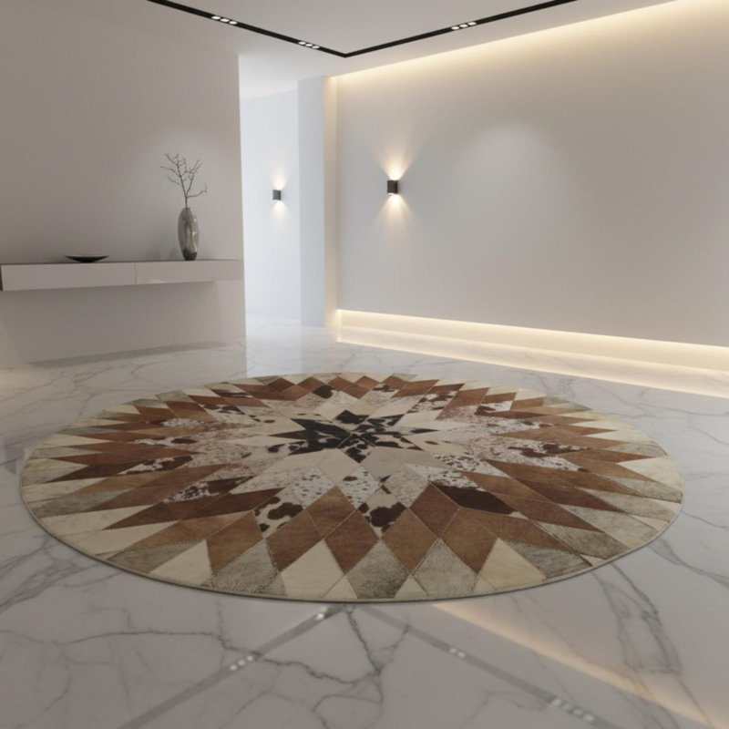 Tapis rond en peau de vache, tapis à motif d'étoile, tapis à motif géométrique, Rond 8 pi