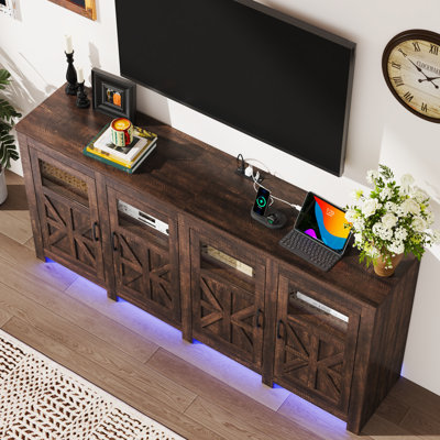 LED Farmhouse TV Stand For Tvs Up To 85" With Power Outlets And Adjustable Shelves