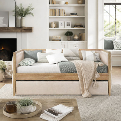 Boucle Tufted Daybed with Pull-Out Trundle, Transitional Style with Natural Finish for Bedroom and Living Room