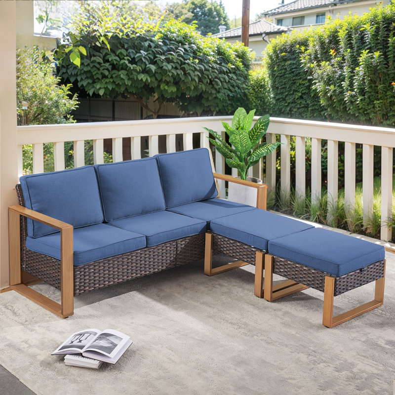 Drazen Outdoor Wicker Sofa Set - 3-Seat Sofa & 2 Ottomans For Patios & Gardens, Blue, Brown
