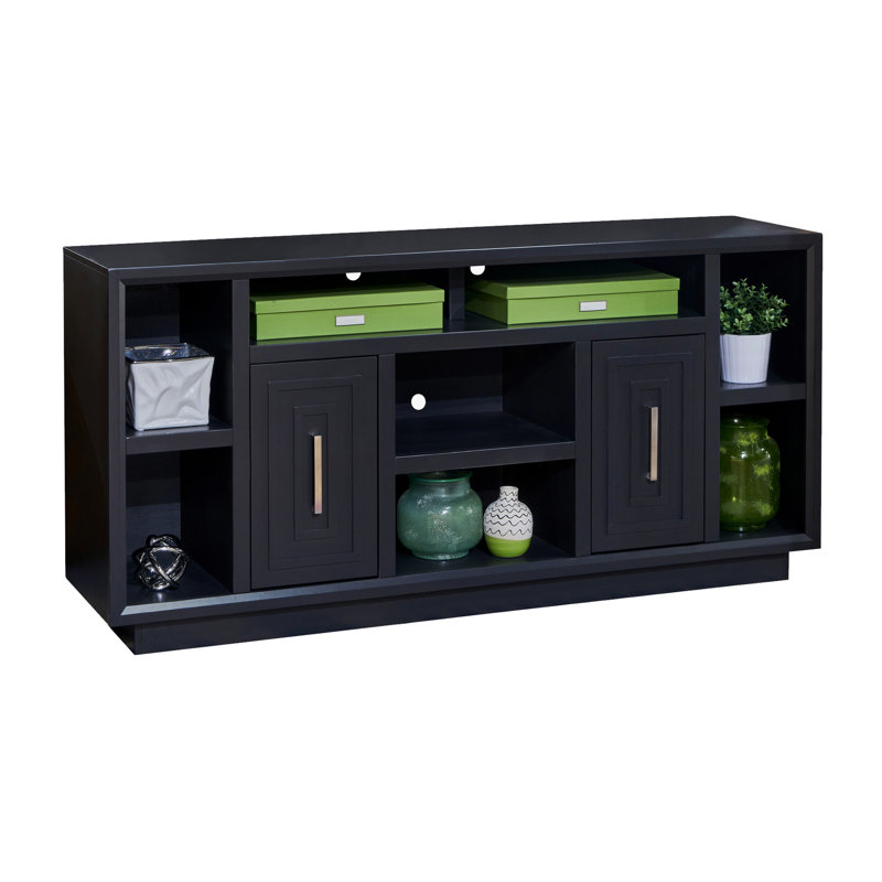Meuble télé 67 po pour téléviseur de 80 po ou moins, sans assemblage requis, finition noire, style moderne avec deux portes et quatre tablettes 67 po pour téléviseur de 80 po, assemblage et conception fonctionnelle