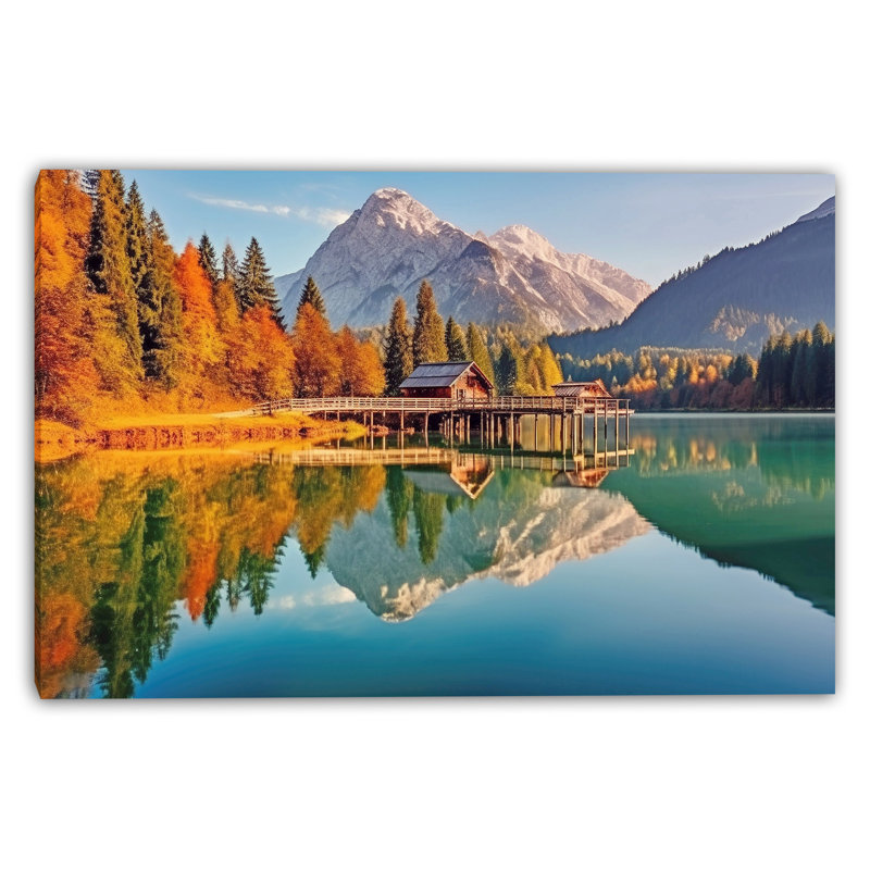 «Cabin Reflections by the Lake», art mural sur toile tendue, H 16 po x l 24 po