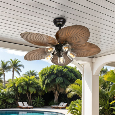 52"" Dark Brown Tropical Ceiling Fans with Light, Remote Control, and 5 Palm Leaf Blades -  Bay Isle Homeâ¢, D5DAC8119A5C4764A5852F87A46BF485