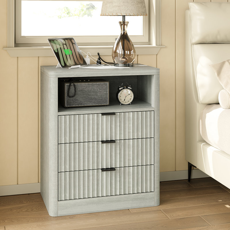 Fluted Night Stand With LED Light & Charging Station, Nightstand With 3 Storage Drawers, 23” Wide Top, Modern Farmhouse Bedside Table For Bedroom, Living Room, Closet