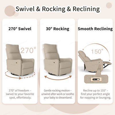 Fauteuil inclinable électrique pivotant, fauteuil berçant pivotant à 270 ° pour adultes, petit fauteuil inclinable berçant pour petits espaces, fauteuil inclinable et oscillant rembourré en tissu, fauteuil de salon, sièges de cinéma