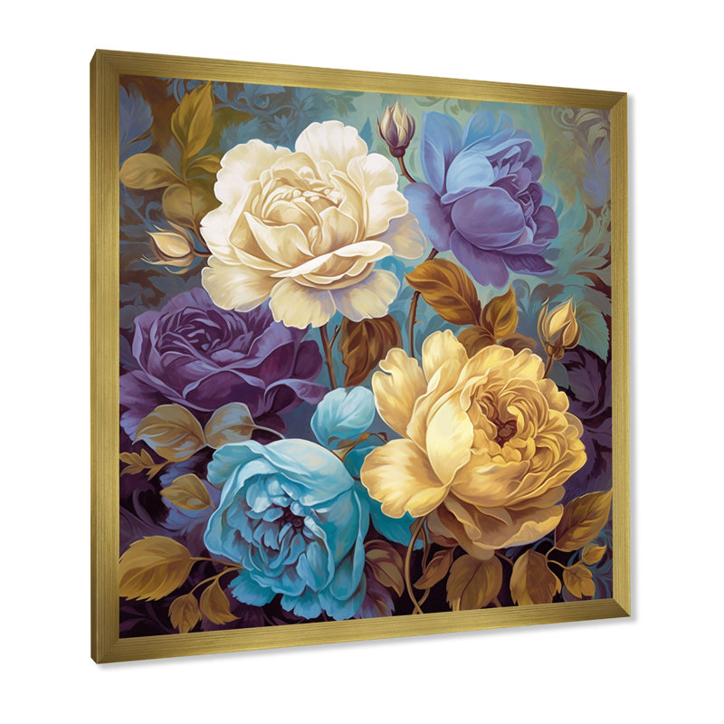 Roses rétro en fleurs, rose, bleu et blanc I - impression, Cadre photo doré simple, H 30 po x l 30 po x P 1 po