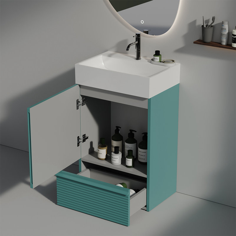 Meuble-lavabo de salle de bain avec lavabo en céramique, une armoire et un tiroir, Turquoise