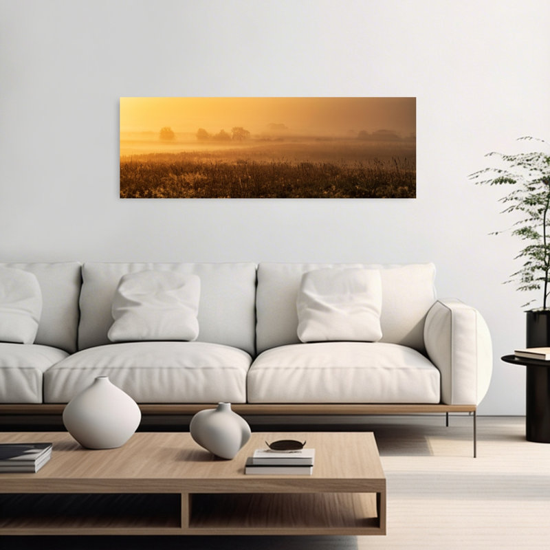 «Misty Golden Field Peaceful Serene Tranquil Orange Tree Landscape Nature», art mural, H 16 po x l 48 po