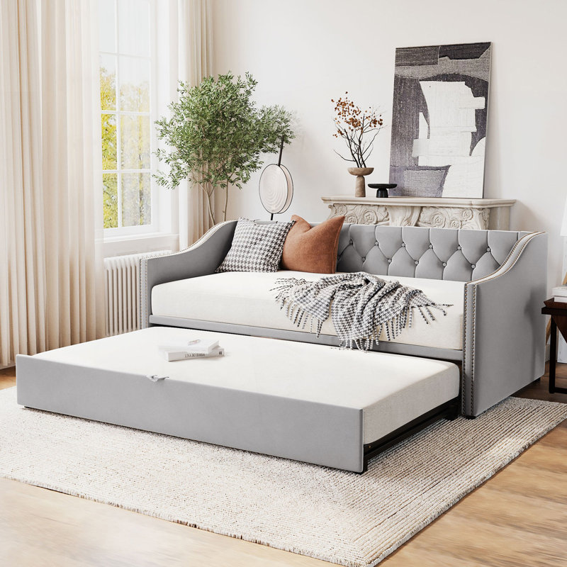 Twin Size Upholstered Daybed With Pop Up Trundle, Modern Day Bed, Gray