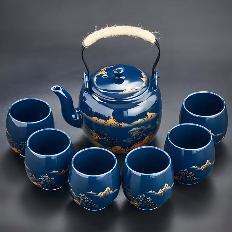 Service à thé avec théière, crépine, plateau et 6 tasses
