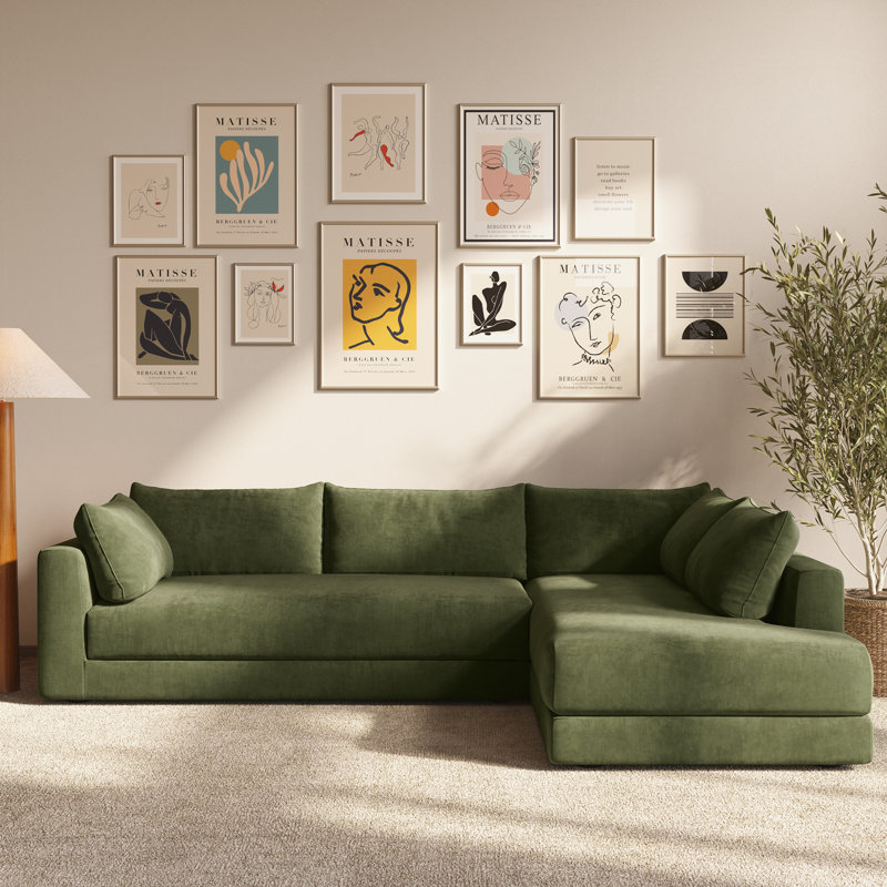 Marcel 122"W Fabric Sectional in Sagano Green, Sagano Green Fabric, Right Hand Facing