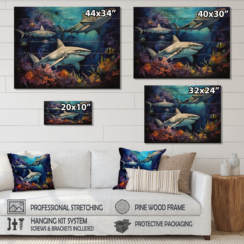 Shark Haven Under Water, peinture sur bois de requin sur bois de pin naturel, H 10 po x l 20 po